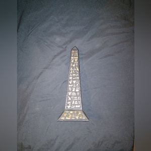 Vintage Egyptian Heavy Obelisk Black Pharaoic Scenes gold hieroglyphics statue